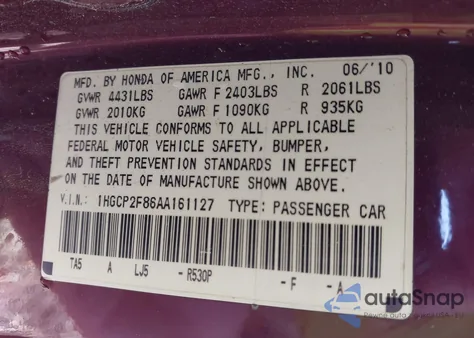 2010 Honda Accord Sdn 2.4 Ex-L/Ex-L from USA, damaged, VIN 1HGCP2F86AA161127